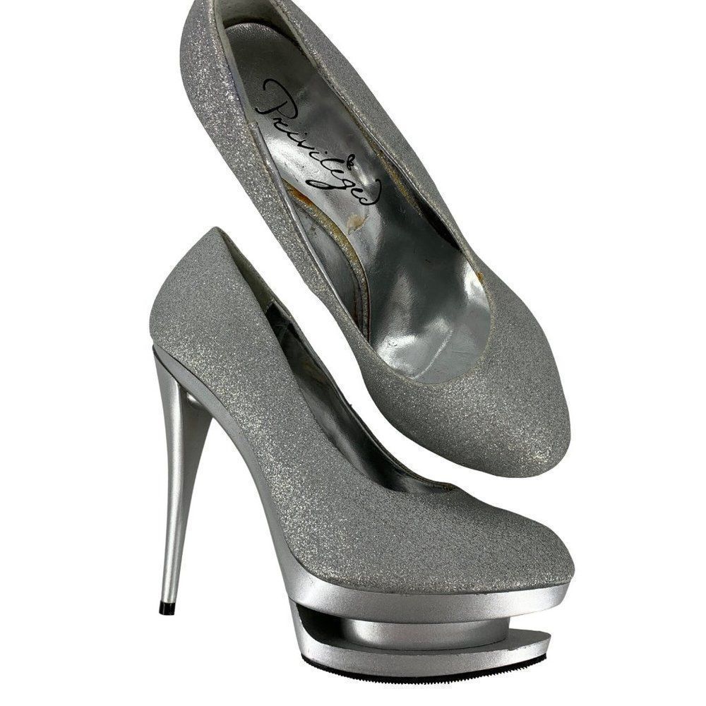 Priviliged Silver Sparkle Platform Size 8.5 Shoes Stiletto Ultra High Heel 2956